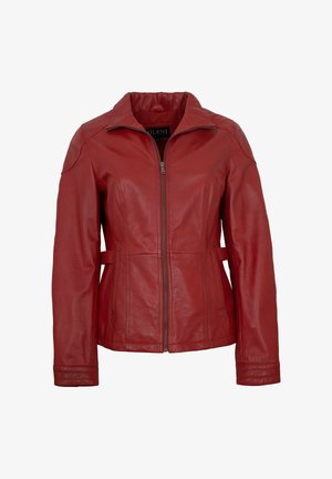 Rote Jacke aus Kunstleder mit Frontreißverschluss, hohem Kragen, langen Ärmeln und verstellbaren Seitenriemen.