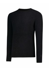 Maglione nero a maniche lunghe con scollo rotondo, realizzato in materiale morbido e testurizzato. Dotato di polsini e orlo a coste per una vestibilità aderente.