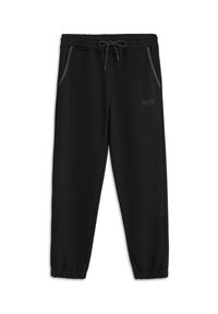 Schwarze Jogginghosen mit elastischem Bund und verstellbarem Kordelzug. Mit zwei seitlichen Taschen und einem dezenten Logoakzent in Hüfthöhe.