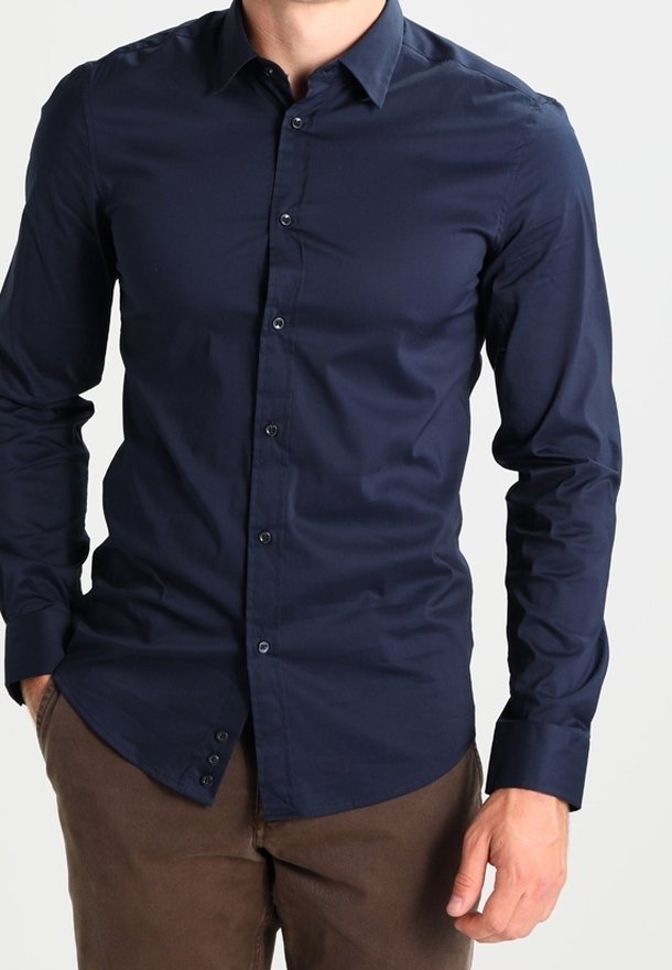 Navy blue button-up shirt made of smooth fabric, featuring a pointed collar, long sleeves, and a slim fit with visible button details.