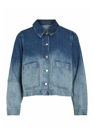 Blå denim cropjakke med lange ermer, metallknapper foran, store firkantede frontlommer og klassisk krage.