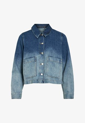 Blå denim cropjakke med lange ermer, metallknapper foran, store firkantede frontlommer og klassisk krage.
