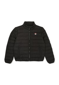 Giacca a vento nera con collo alto, chiusura con zip e pannelli cuciti. Presenta un piccolo logo sul petto e tasche laterali.