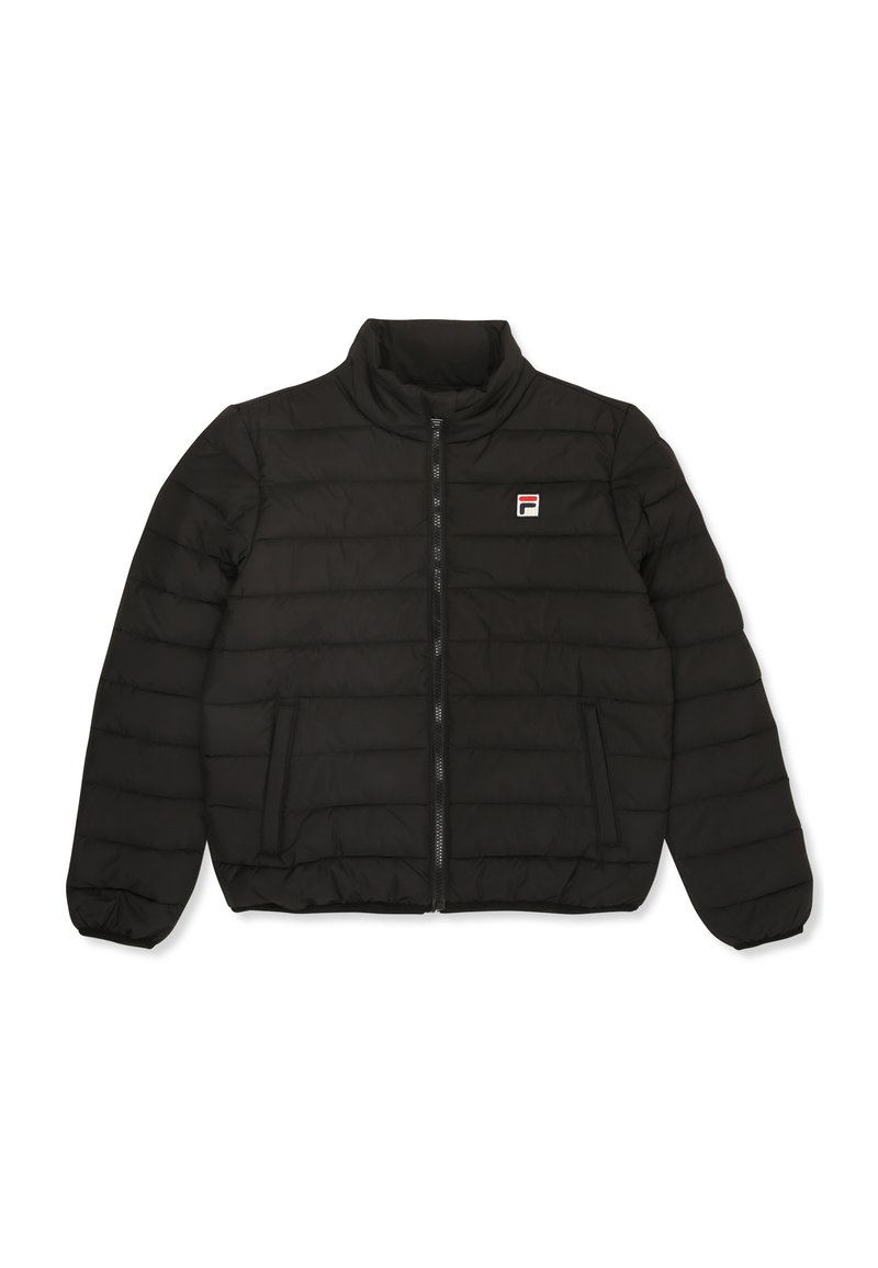 Giacca a vento nera con collo alto, chiusura con zip e pannelli cuciti. Presenta un piccolo logo sul petto e tasche laterali.
