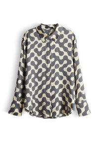 Long-sleeve shirt in gray and cream with an abstract, wavy pattern. Features a collared neckline and button closures, made of smooth fabric.