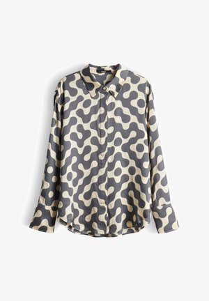 Camicia a maniche lunghe grigia e crema con un motivo astratto ondulato. Presenta un colletto e chiusura con bottoni, realizzata in tessuto liscio.