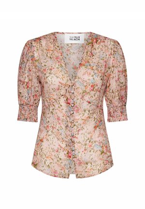 Blusa floreale rosa chiaro con scollo a V, bottoni rivestiti in tessuto sul davanti, maniche a sbuffo a tre quarti e polsini arricciati.