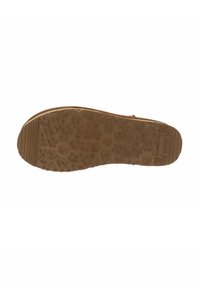 Suola di scarpa in gomma marrone con un motivo testurizzato di grip caratterizzato da forme geometriche e esagoni, progettata per la trazione e la stabilità.