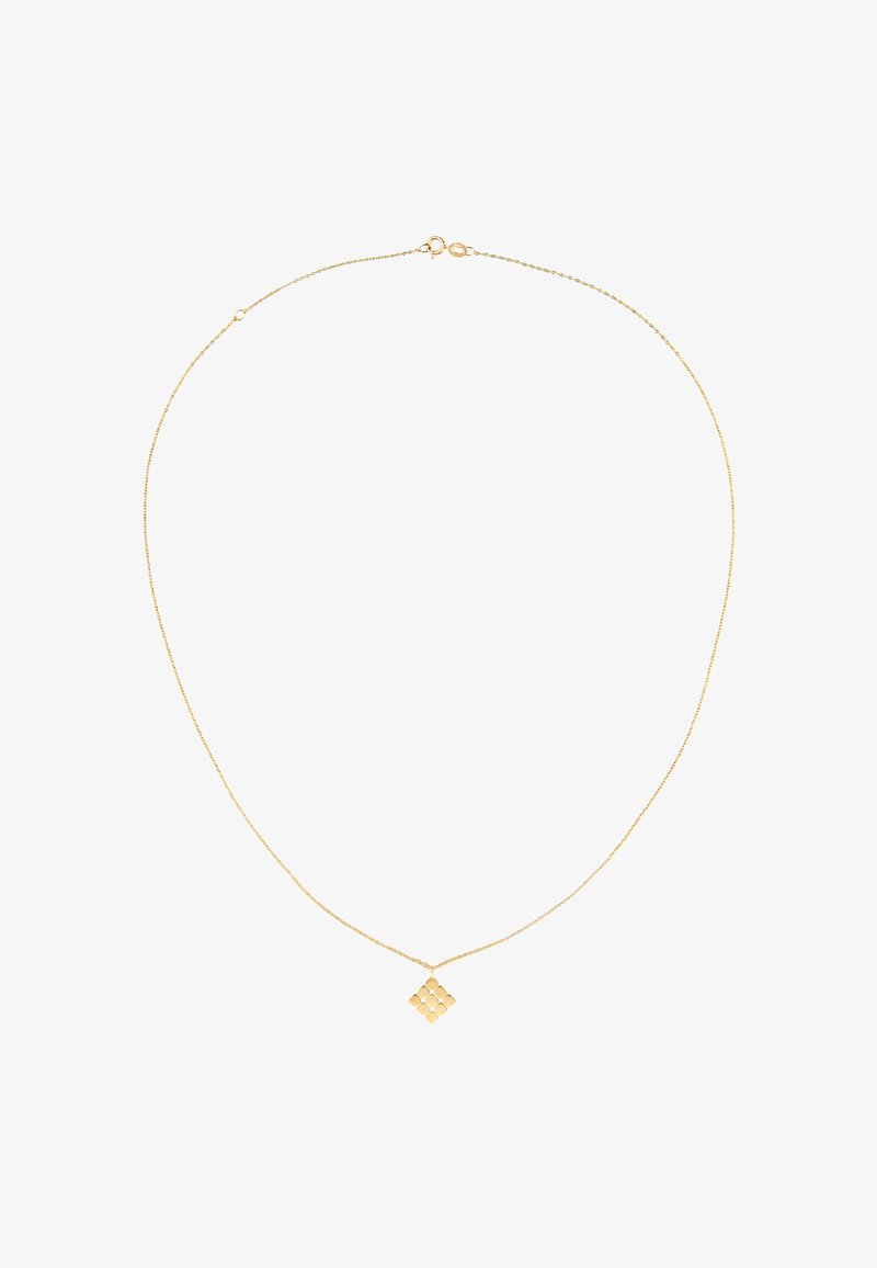 Guldkæde med en diamantformet vedhæng, der har et struktureret, gitterlignende mønster. Glat finish med en sikker lås.