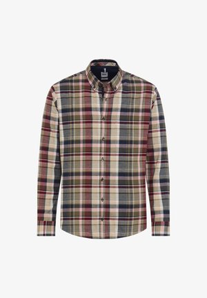 Camicia con bottoni caratterizzata da un motivo a quadri multicolore con tonalità di rosso, blu, beige e verde. Maniche lunghe e design del colletto standard.