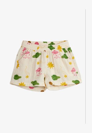 Pantaloncini per bambini color crema con vita elasticizzata, decorati con UFO rosa, pianeti verdi, stelle gialle e soli.