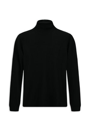 Jersey de cuello alto negro hecho de tela de punto, con mangas largas, cuello alto y diseño ajustado. Sin patrones visibles ni elementos metálicos.