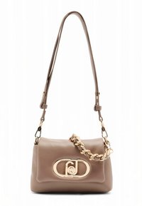Tan leather handbag with gold hardware. Features a chain-link strap and an oversized oval logo on the front. Smooth texture, rectangular shape.