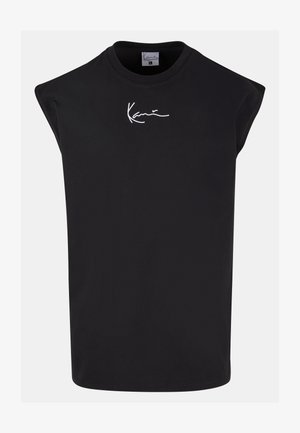 Must üleõhuga T-särk, mis on valmistatud puuvillast, ümmarguse kaelusega ja millel on ees valge signeeringu logo. Sile tekstuur, lõdvestunud istuvus.