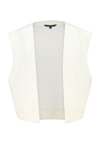 Witte mouwloze vest met een gestructureerde, gekreukte stof. Open voorkant en een soepele binnenvoering. Eenvoudig, modern ontwerp zonder sluitingen.