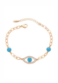 Bracciale a catena dorata con due perline di turchese e un design centrale a occhio adornato con cristalli bianchi. Chiusura a moschettone.