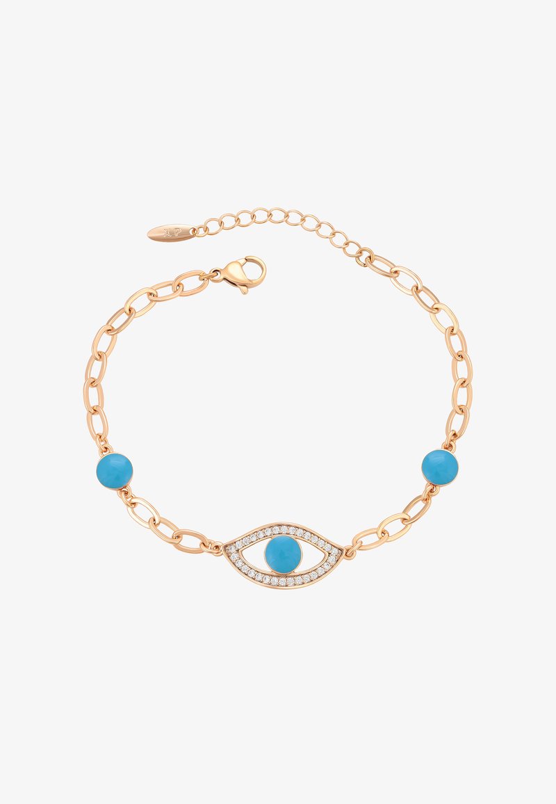 Zlatý reťazový náramok s dvoma tyrkysovými korálkami a centrálnym očným dizajnom zdobeným bielymi kryštálmi. Zapínanie na krabicovú sponu.