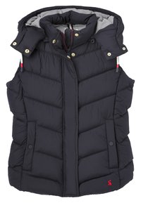 Marinblå vadderad ärmlös väst med huva, frontdragkedja och tryckknappar, två framfickor och randig innerfoder.