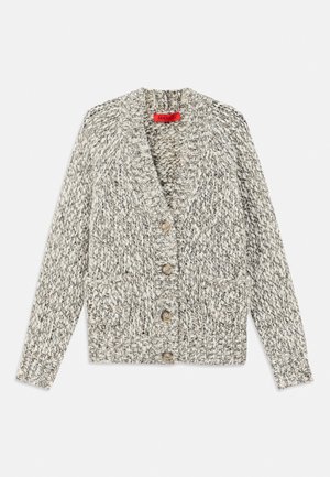 Gray and cream chunky knit cardigan with a shawl collar, five wooden buttons, and two front pockets. Textured yarn and open front design.