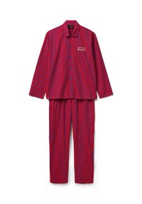 Dlouhý rukáv svisle pruhovaná košile na knoflíky v červené a fialové barvě s odpovídajícími kalhotami, s malým bílým logem značky na hrudi.