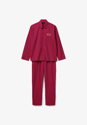 Chemise à manches longues à rayures verticales rouges et violettes avec boutons, pantalon assorti, portant un petit logo de marque blanc sur la poitrine.