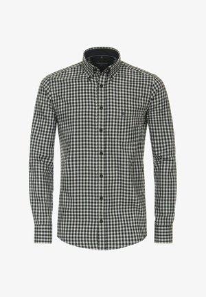 Black and white checkered long-sleeve shirt with a button-down collar and a single chest pocket. Soft fabric, straight hem, and standard cuffs.