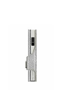 Metallic pen encased in textured gray leather, featuring a smooth silver clip and a black button, showcasing a sleek, elongated design.