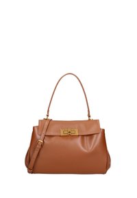 Bruine leren handtas met een gestructureerd ontwerp, gouden hardware sluiting en een afneembare schouderband. Gladde textuur, plooien aan de zijkanten.