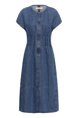 Modra denim midi obleka s kratkimi rokavi, sprednjo zadrgo in všitimi detajli v pasu.