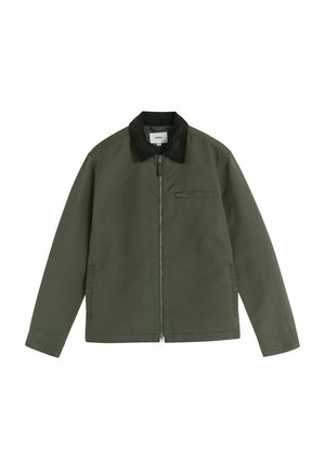 Olive green jacket with a black corduroy collar, zip closure, and a chest pocket; made from a durable fabric; features long sleeves.