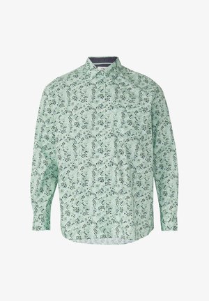 Chemise à manches longues vert clair avec un petit motif floral vert foncé et noir, col classique et poche poitrine avant.