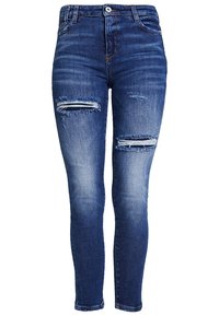 Pantalones ajustados de mezclilla azul oscuro con detalles desgastados en las rodillas, con una cintura alta, diseño de cinco bolsillos y un ligero desvanecimiento.
