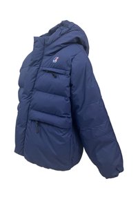 Giubbotto imbottito blu navy con cappuccio, dotato di tasca frontale con zip e polsini elasticizzati, realizzato in materiale liscio e resistente all'acqua.