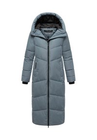 Long blue padded winter coat with hood, front zipper, two pockets, and black inner lining, designed for warmth and full coverage.