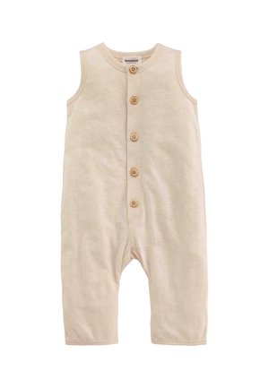 Beige ärmelloser Jumpsuit mit fünf Holzknöpfen vorne, aus weichem, strukturiertem Baumwollstoff; hat kurze Beine und einen runden Ausschnitt.