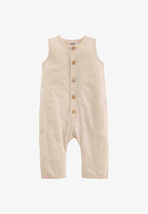 Beige sleeveless jumpsuit with five wooden buttons down the front, made from soft, textured cotton fabric; features short legs and a round neckline.