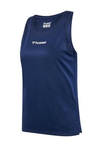 Granatowa athletic tank top z okrągłym dekoltem, wykonana z gładkiego, oddychającego materiału. Posiada małe białe logo z przodu.