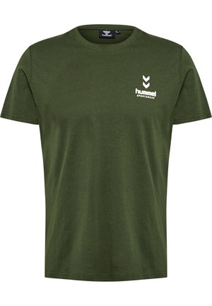 Olive green short-sleeve T-shirt with round neck and small white "hummel SPORTSWEAR" logo and chevrons on the left chest.
