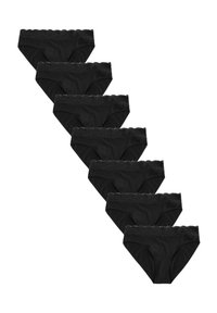 Black cotton panties featuring a lace trim at the waist, arranged in a stacked formation. Soft texture and seamless design.