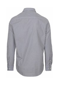 Donkerblauwe en witte gestreepte langemouwen shirt met een button-down kraag en manchetten. Gladde stof met een getailleerde pasvorm en een rugnaad.