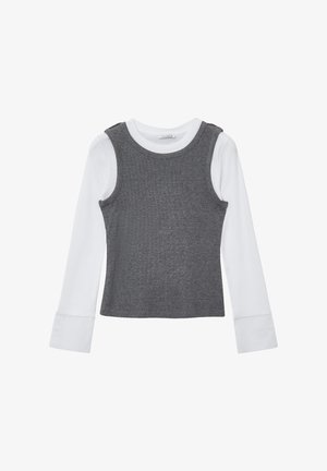 Graues ärmelloses Oberteil mit weißen langen Ärmeln. Weiches Baumwollmaterial, Rundhalsdesign. Kontrastfarbe an den Ärmeln, glatte Textur.