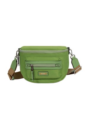 Borsa a tracolla verde in nylon con tasca frontale con cerniera, tracolla regolabile marrone e verde e fibbie in metallo argento.