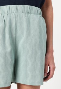 Shorts vert clair avec un motif en zigzag texturé, une taille élastique et une coupe ample. Le matériau semble doux et légèrement froissé.