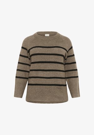 Rjava prugasta pulover iz mehkega materiala, ki ima široke črne pruge, okroglo ovratnico ter rebraste manšete in spodnji rob za teksturo.