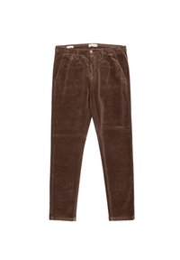 Bruine corduroy broek met een slim fit, voorzien van voorzakken, een knoopsluiting en een zachte textuur.