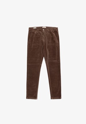 Pantaloni in velluto a coste marroni con una vestibilità slim, dotati di tasche frontali, chiusura con bottone e tessuto morbidamente testurizzato.
