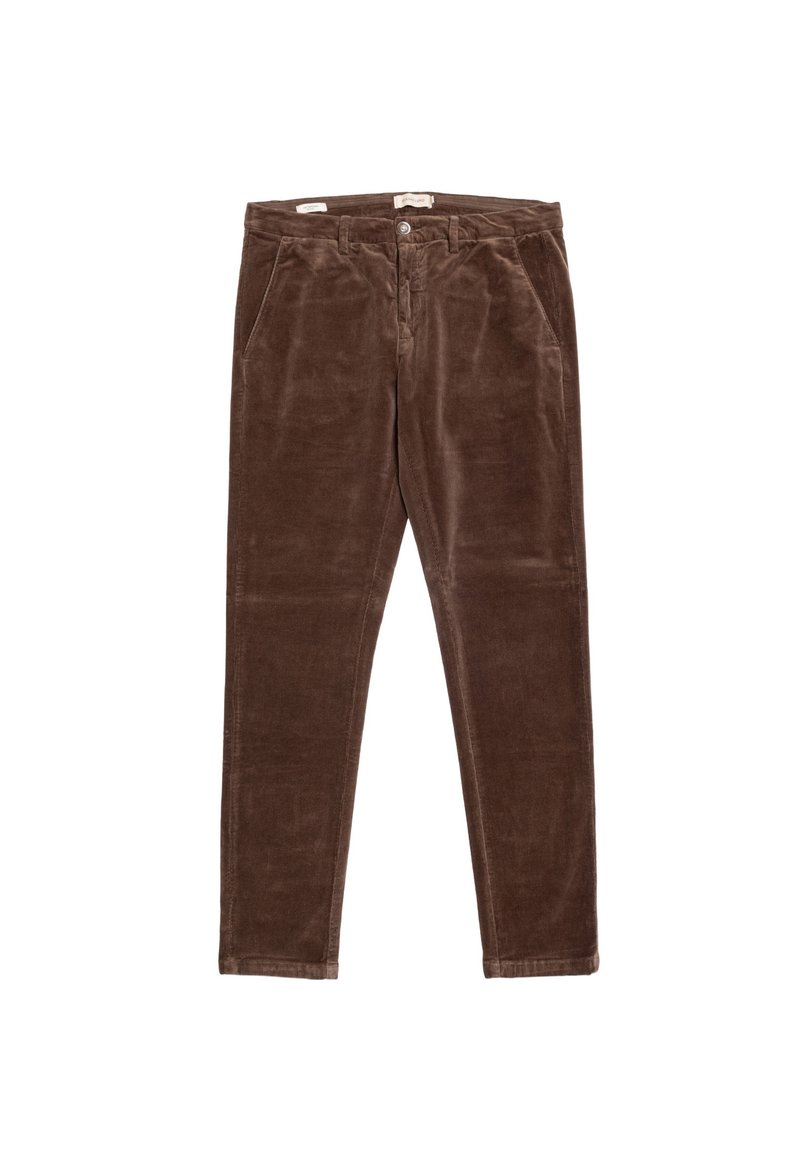 Bruine corduroy broek met een slim fit, voorzien van voorzakken, een knoopsluiting en een zachte textuur.