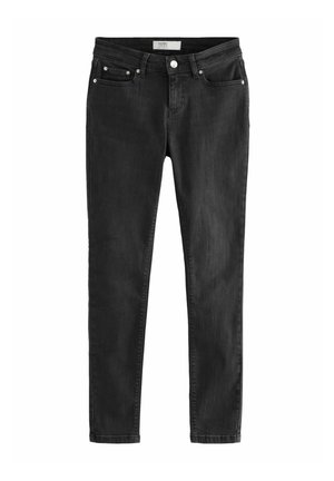 Svetlo sivi denim skinny džins, ki imajo sprednje žepke, zadrgo in kovinske dodatke. Gladka tekstura s rahlim zbledelostjo.