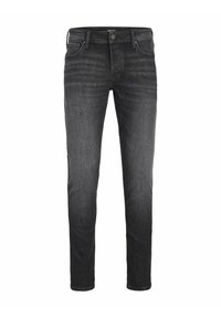 Jeans de denim negro ajustados con una sutil textura desgastada, diseño estándar de cinco bolsillos y cierre de botón en la cintura.