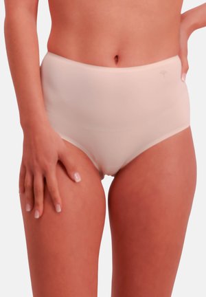 Hooggetailleerd, naadloos ondergoed in lichtbeige. Gemaakt van gladde stof, met een zachte textuur en minimale naden voor comfort.